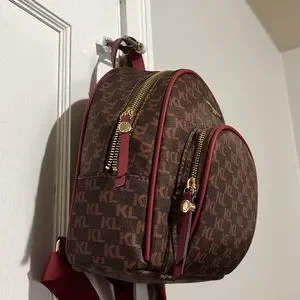 Karl Lagerfeld Backpack Womens Small Brown Cara Nylon Logo Karl Lagerfeld Paris Tan/Brown Drawstring Backpack with two  main image 2